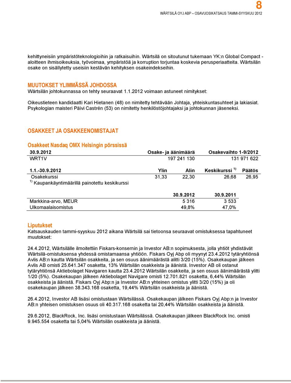 Wärtsilän osake on sisällytetty useisiin kestävän kehityksen osakeindekseihin. MUUTOKSET YLIMMÄSSÄ JOHDOSSA Wärtsilän johtokunnassa on tehty seuraavat 1.