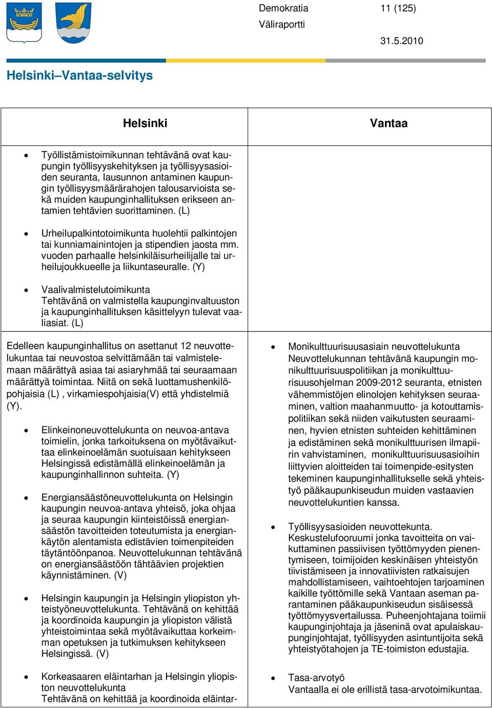 2010 Helsinki Vantaa-selvitys Helsinki Vantaa Työllistämistoimikunnan tehtävänä ovat kaupungin työllisyyskehityksen ja työllisyysasioiden seuranta, lausunnon antaminen kaupungin