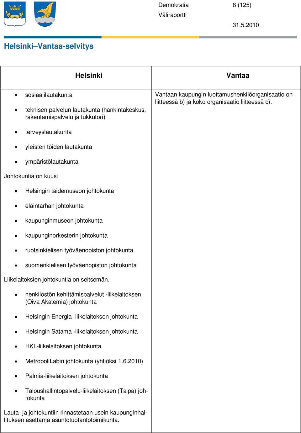 2010 Helsinki Vantaa-selvitys Helsinki Vantaa sosiaalilautakunta teknisen palvelun lautakunta (hankintakeskus, rakentamispalvelu ja tukkutori) Vantaan kaupungin luottamushenkilöorganisaatio on