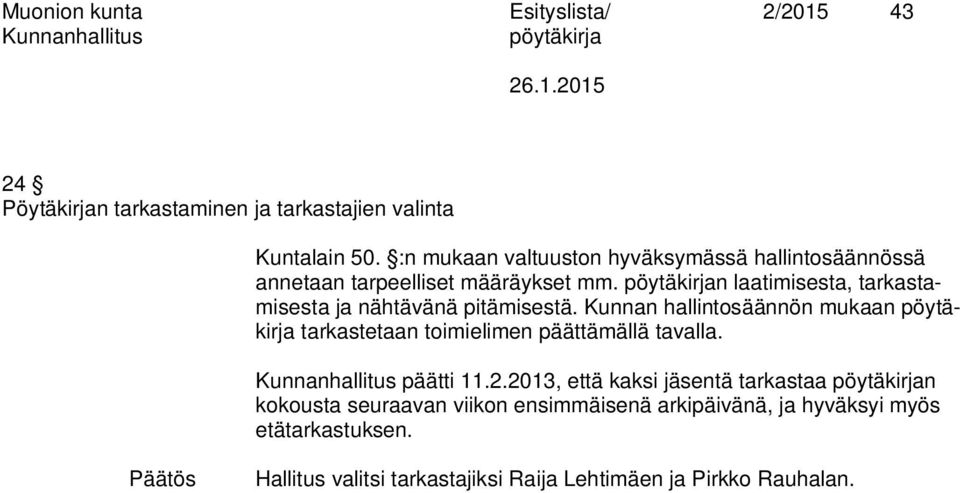 n laatimisesta, tarkastamisesta ja nähtävänä pitämisestä. Kunnan hallintosäännön mukaan tarkastetaan toimielimen päättämällä tavalla.