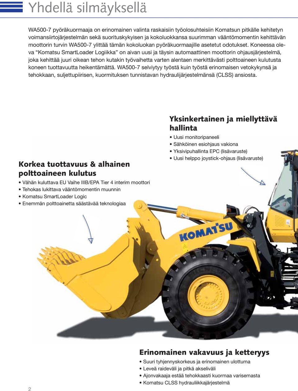 Koneessa oleva Komatsu SmartLoader Logiikka on aivan uusi ja täysin automaattinen moottorin ohjausjärjestelmä, joka kehittää juuri oikean tehon kutakin työvaihetta varten alentaen merkittävästi