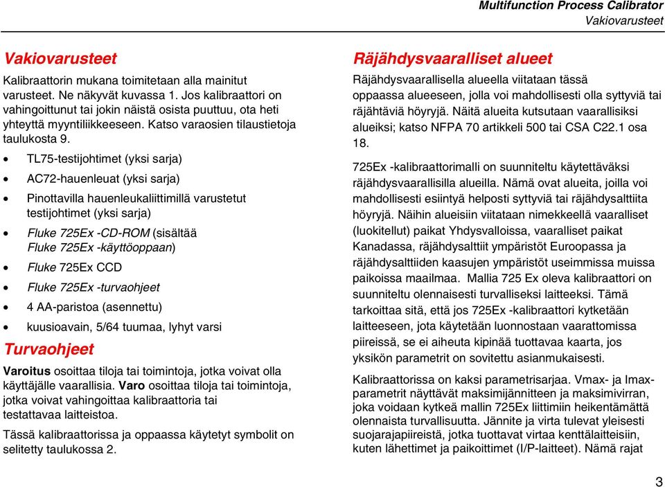 TL75-testijohtimet (yksi sarja) AC72-hauenleuat (yksi sarja) Pinottavilla hauenleukaliittimillä varustetut testijohtimet (yksi sarja) Fluke 725Ex -CD-ROM (sisältää Fluke 725Ex -käyttöoppaan) Fluke