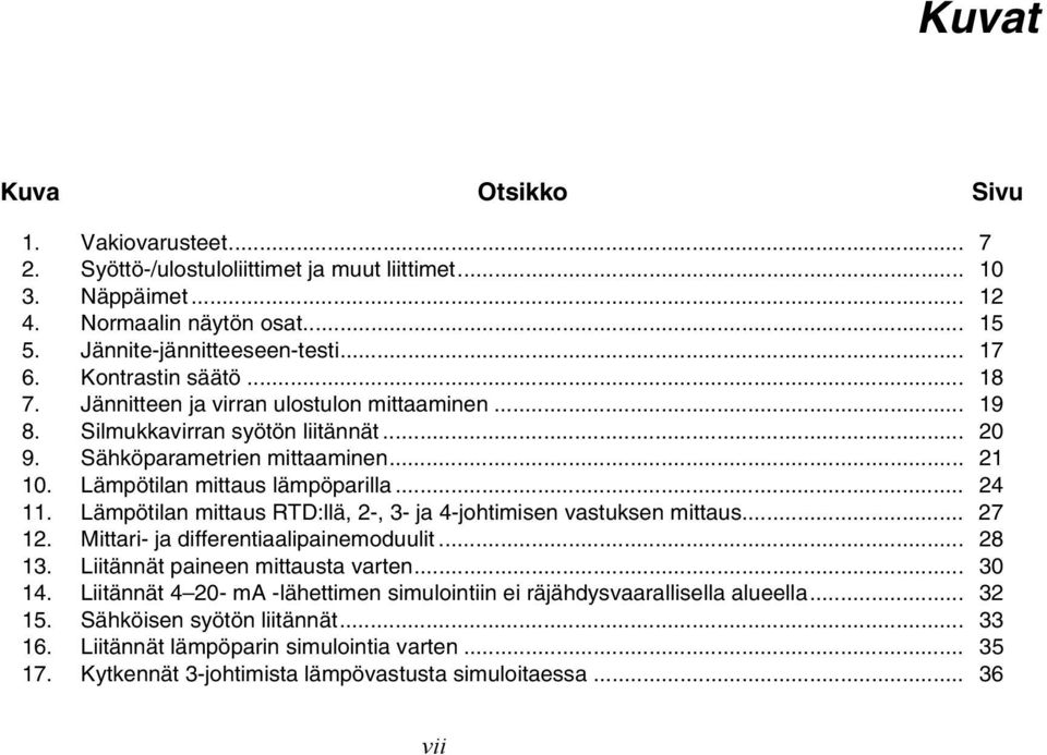 Lämpötilan mittaus RTD:llä, 2-, 3- ja 4-johtimisen vastuksen mittaus... 27 12. Mittari- ja differentiaalipainemoduulit... 28 13. Liitännät paineen mittausta varten... 30 14.