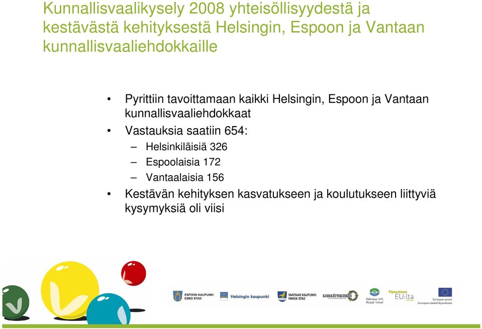 Vantaan kunnallisvaaliehdokkaat Vastauksia saatiin 654: Helsinkiläisiä 326 Espoolaisia 172