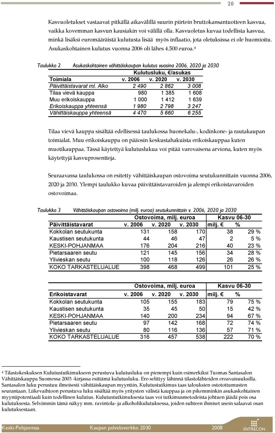 4 Taulukko 2 Asukaskohtainen vähittäiskaupan kulutus vuosina 2006, 2020 ja 2030 Kulutusluku, /asukas Toimiala v. 2006 v. 2020 v. 2030 Päivittäistavarat ml.