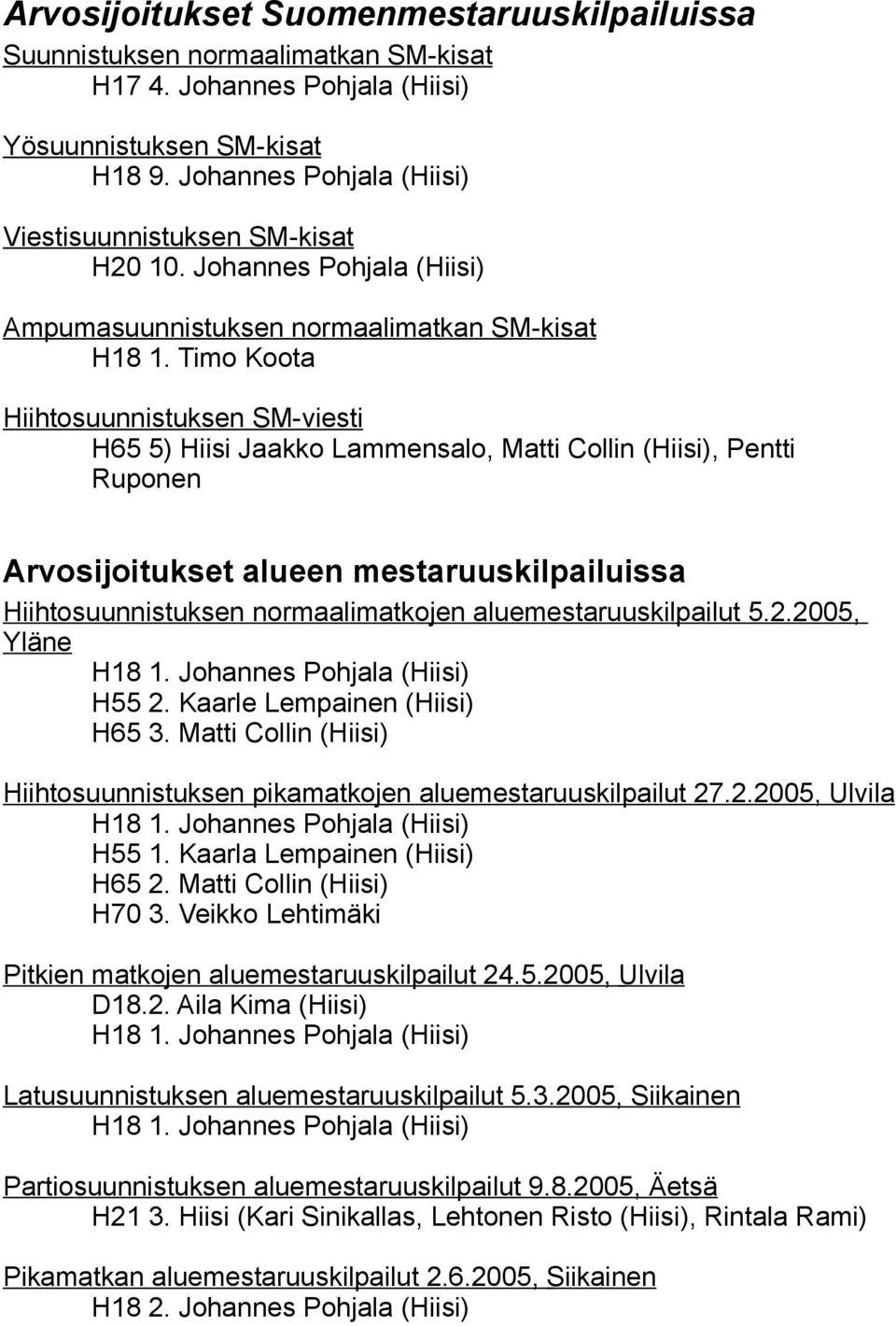 Timo Koota Hiihtosuunnistuksen SM-viesti H65 5) Hiisi Jaakko Lammensalo, Matti Collin (Hiisi), Pentti Ruponen Arvosijoitukset alueen mestaruuskilpailuissa Hiihtosuunnistuksen normaalimatkojen