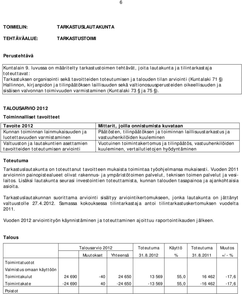 Hallinnon, kirjanpidon ja tilinpäätöksen laillisuuden sekä valtionosuusperusteiden oikeellisuuden ja sisäisen valvonnan toimivuuden varmistaminen (Kuntalaki 73 ja 75 ).