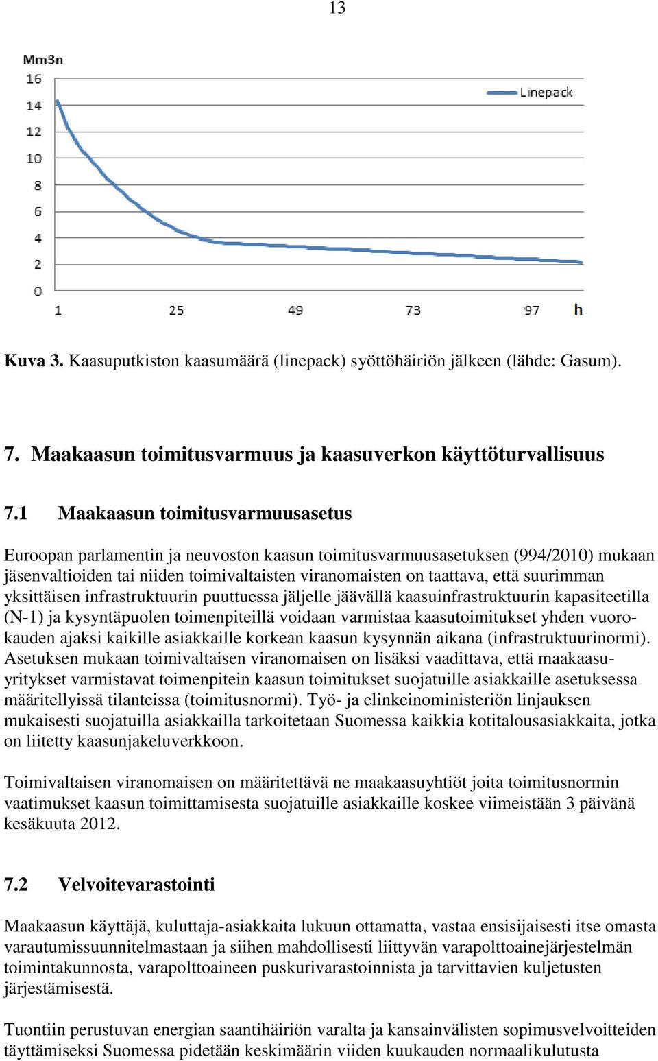 suurimman yksittäisen infrastruktuurin puuttuessa jäljelle jäävällä kaasuinfrastruktuurin kapasiteetilla (N-1) ja kysyntäpuolen toimenpiteillä voidaan varmistaa kaasutoimitukset yhden vuorokauden