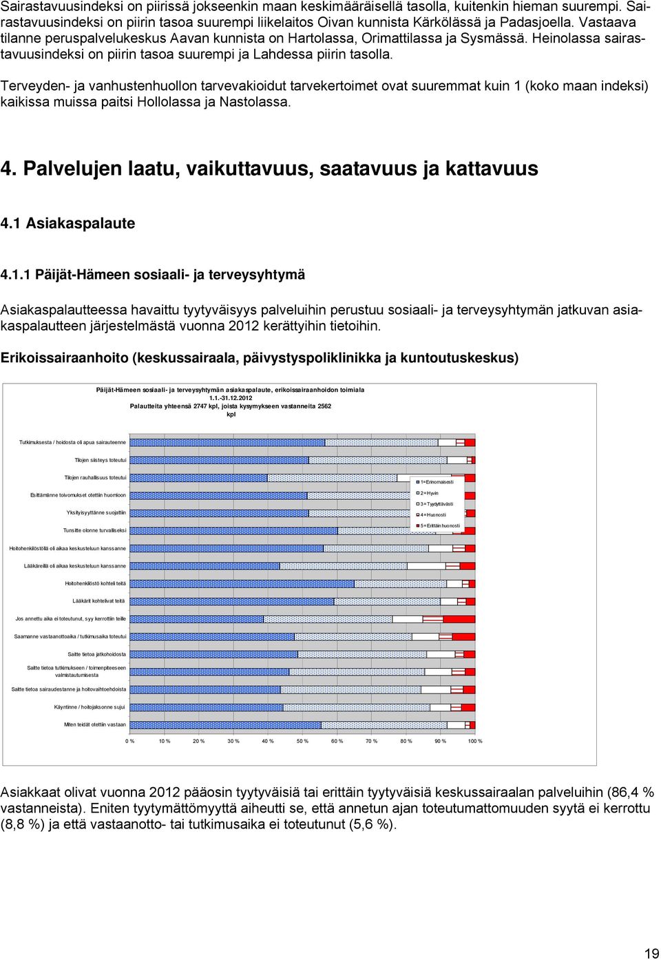 Terveyden- ja vanhustenhuollon tarvevakioidut tarvekertoimet ovat suuremmat kuin 1 (koko maan indeksi) kaikissa muissa paitsi ssa ja ssa. 4. Palvelujen laatu, vaikuttavuus, saatavuus ja kattavuus 4.