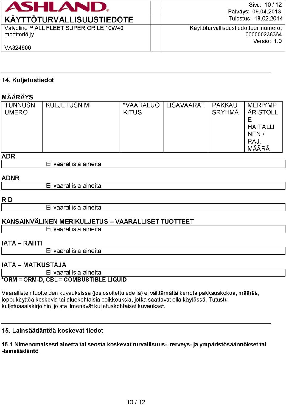 aineita *ORM = ORM-D, CBL = COMBUSTIBLE LIQUID Vaarallisten tuotteiden kuvauksissa (jos osoitettu edellä) ei välttämättä kerrota pakkauskokoa, määrää, loppukäyttöä koskevia tai aluekohtaisia