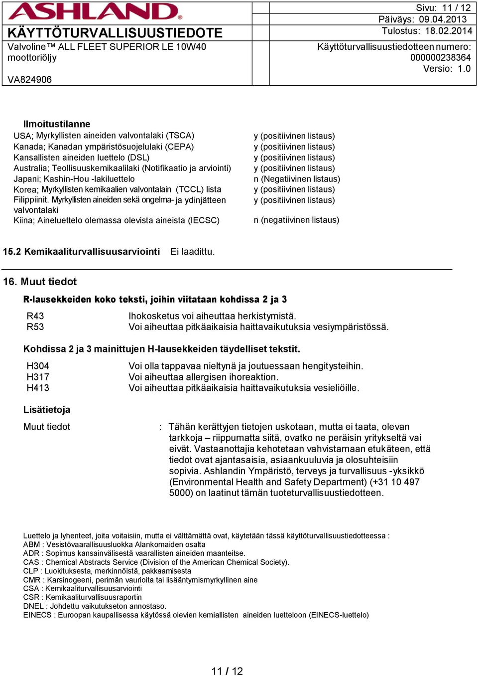 Myrkyllisten aineiden sekä ongelma- ja ydinjätteen valvontalaki Kiina; Aineluettelo olemassa olevista aineista (IECSC) y (positiivinen listaus) y (positiivinen listaus) y (positiivinen listaus) y