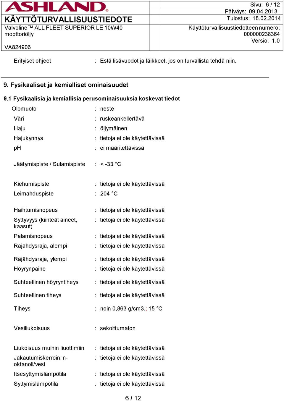 Sulamispiste : < -33 C Kiehumispiste Leimahduspiste : 204 C Haihtumisnopeus Syttyvyys (kiinteät aineet, kaasut) Palamisnopeus Räjähdysraja, alempi Räjähdysraja, ylempi