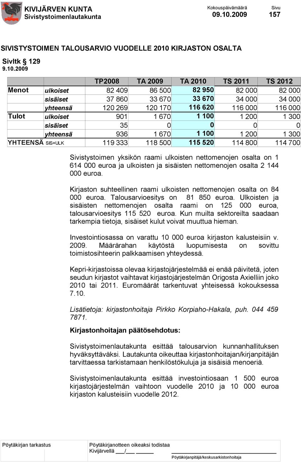 520 114 800 114 700 Sivistystoimen yksikön raami ulkoisten nettomenojen osalta on 1 614 000 euroa ja ulkoisten ja sisäisten nettomenojen osalta 2 144 000 euroa.