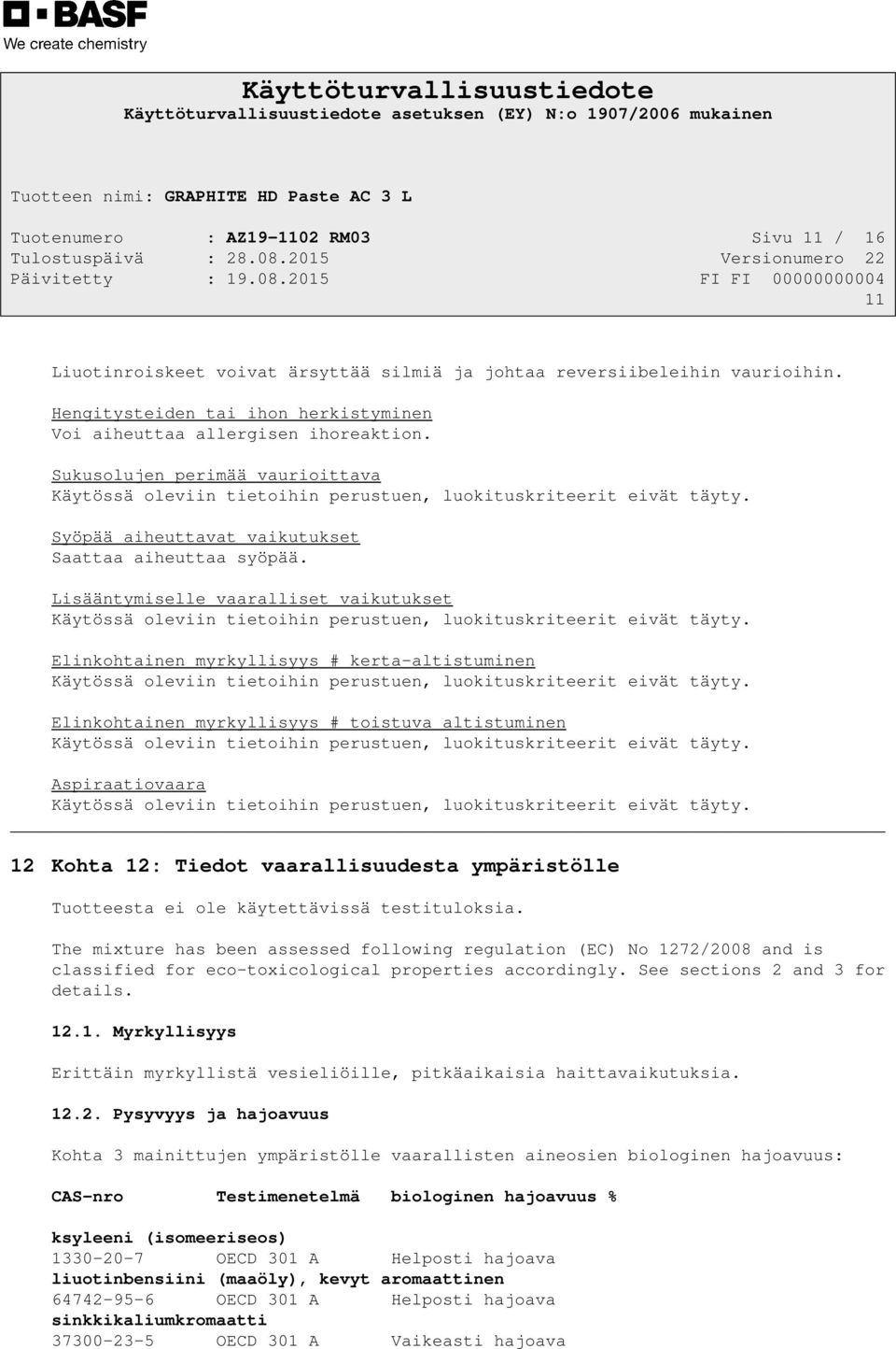 Lisääntymiselle vaaralliset vaikutukset Käytössä oleviin tietoihin perustuen, luokituskriteerit eivät täyty.