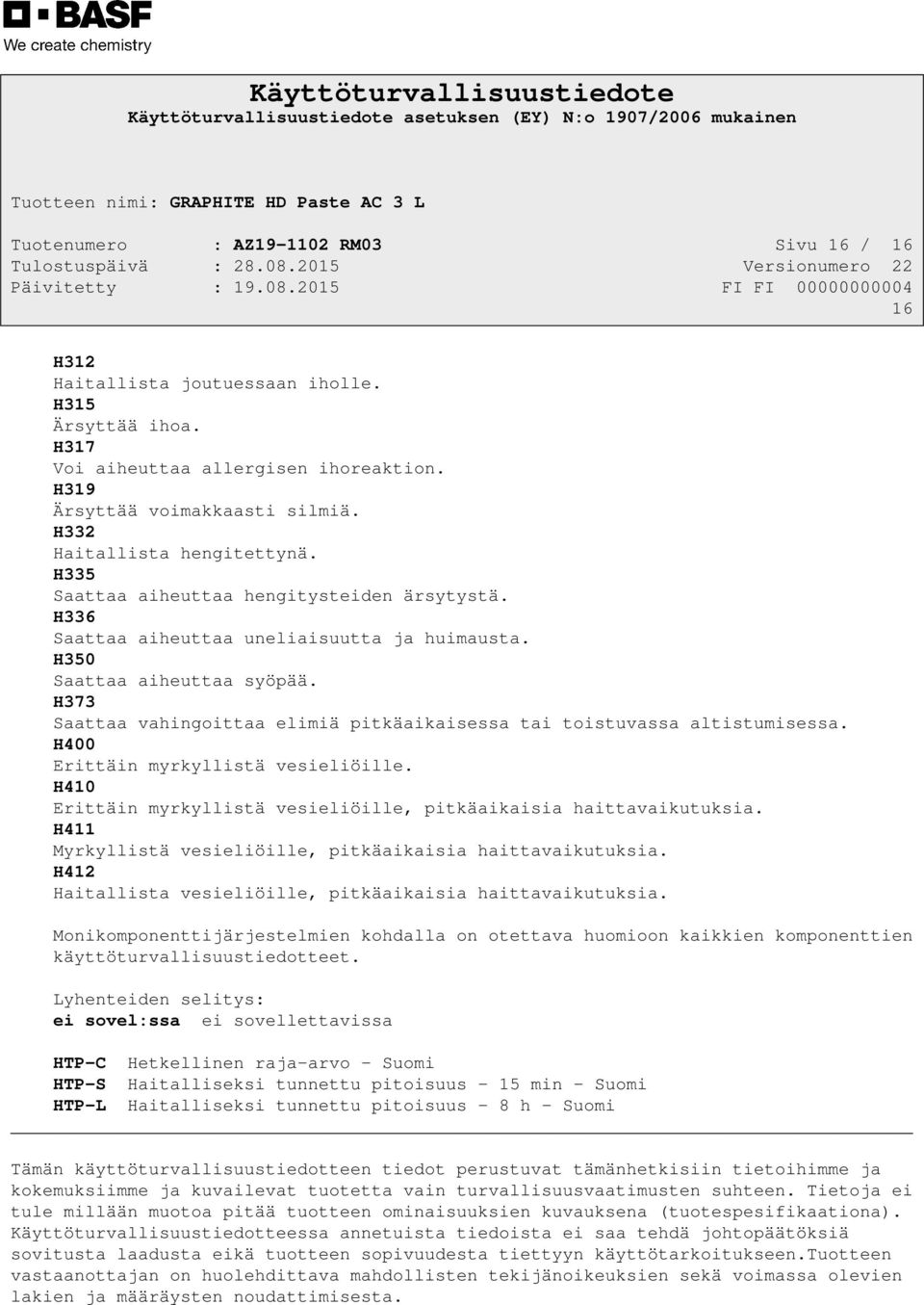 H373 Saattaa vahingoittaa elimiä pitkäaikaisessa tai toistuvassa altistumisessa. H400 Erittäin myrkyllistä vesieliöille. H410 Erittäin myrkyllistä vesieliöille, pitkäaikaisia haittavaikutuksia.