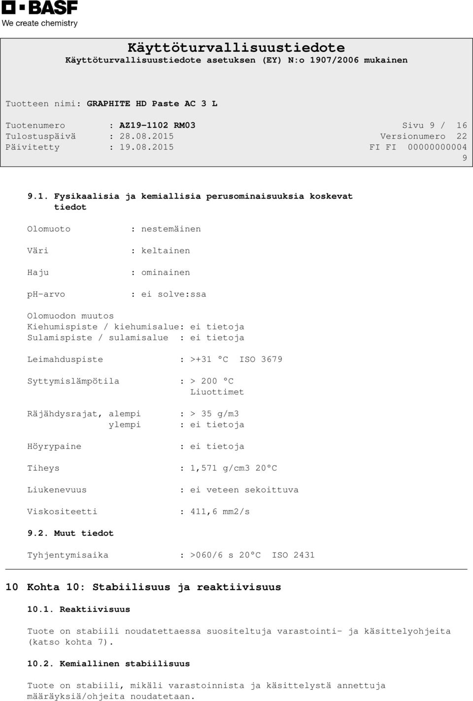 Kiehumispiste / kiehumisalue: ei tietoja Sulamispiste / sulamisalue : ei tietoja Leimahduspiste : >+31 C ISO 3679 Syttymislämpötila : > 200 C Liuottimet Räjähdysrajat, alempi ylempi Höyrypaine : > 35