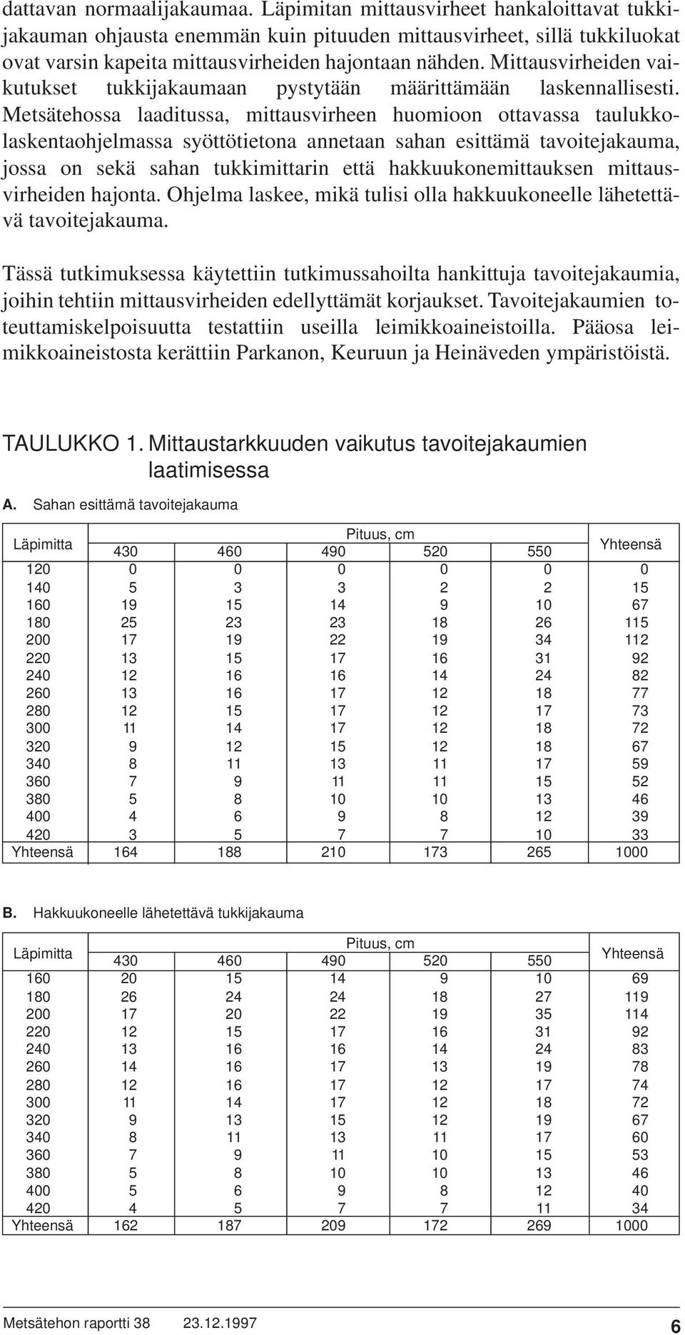 Metsätehossa laaditussa, mittausvirheen huomioon ottavassa taulukkolaskentaohjelmassa syöttötietona annetaan sahan esittämä tavoitejakauma, jossa on sekä sahan tukkimittarin että hakkuukonemittauksen