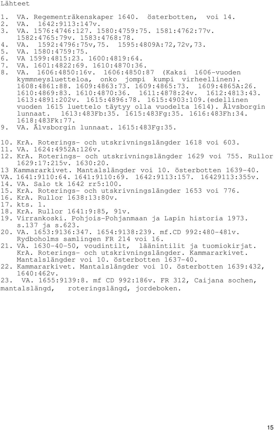 1606:4850:87 (Kaksi 1606-vuoden kymmneysluetteloa, onko jompi kumpi virheellinen). 1608:4861:88. 1609:4863:73. 1609:4865:73. 1609:4865A:26. 1610:4869:83. 1610:4870:36. 1611:4878:24v. 1612:4813:43.