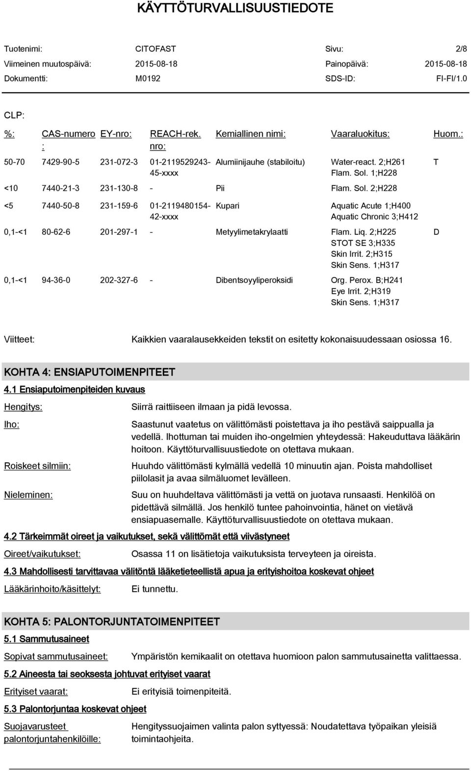 2;H228 T <5 7440-50-8 231-159-6 01-2119480154- 42-xxxx Kupari Aquatic Acute 1;H400 Aquatic Chronic 3;H412 0,1-<1 80-62-6 201-297-1 - Metyylimetakrylaatti Flam. Liq. 2;H225 STOT SE 3;H335 Skin Irrit.