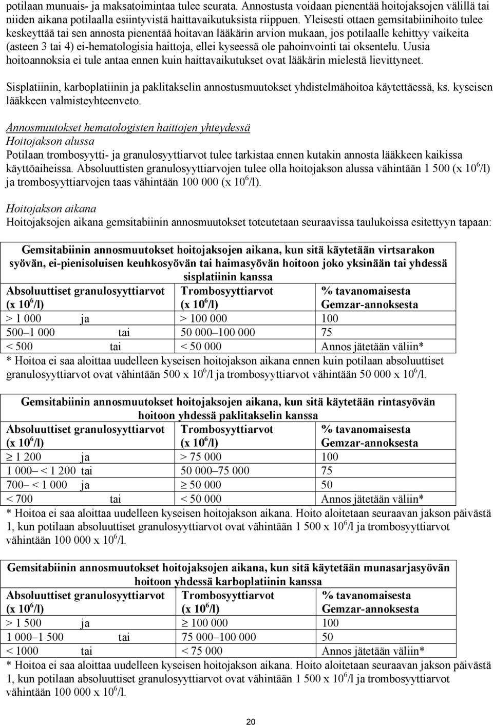 kyseessä ole pahoinvointi tai oksentelu. Uusia hoitoannoksia ei tule antaa ennen kuin haittavaikutukset ovat lääkärin mielestä lievittyneet.