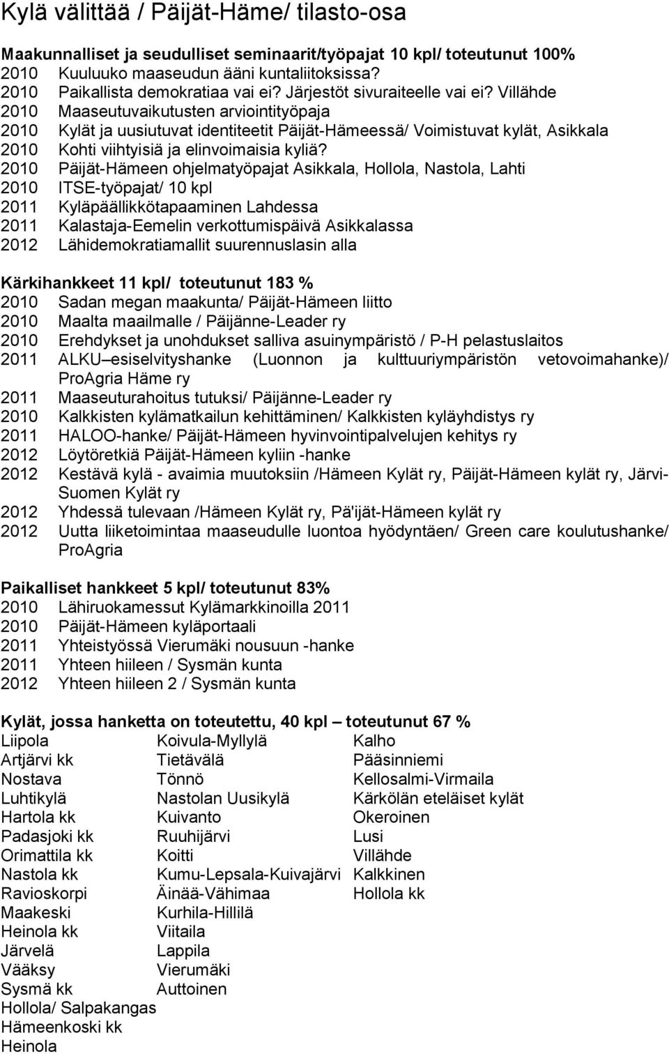 Villähde 2010 Maaseutuvaikutusten arviointityöpaja 2010 Kylät ja uusiutuvat identiteetit Päijät-Hämeessä/ Voimistuvat kylät, Asikkala 2010 Kohti viihtyisiä ja elinvoimaisia kyliä?