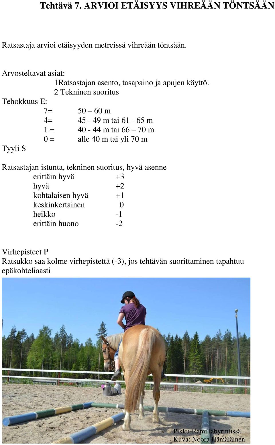 Arvosteltavat asiat: 1Ratsastajan asento, tasapaino ja apujen käyttö.