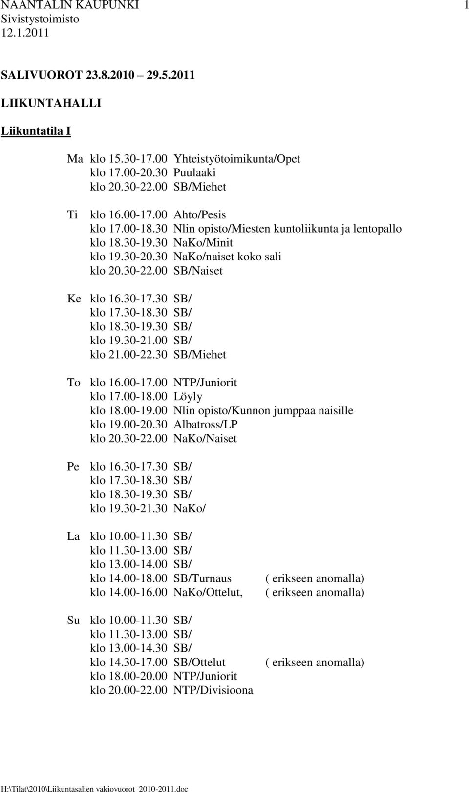 30-18.30 SB/ klo 18.30-19.30 SB/ klo 19.30-21.00 SB/ klo 21.00-22.30 SB/Miehet To klo 16.00-17.00 NTP/Juniorit klo 17.00-18.00 Löyly klo 18.00-19.00 Nlin opisto/kunnon jumppaa naisille klo 19.00-20.