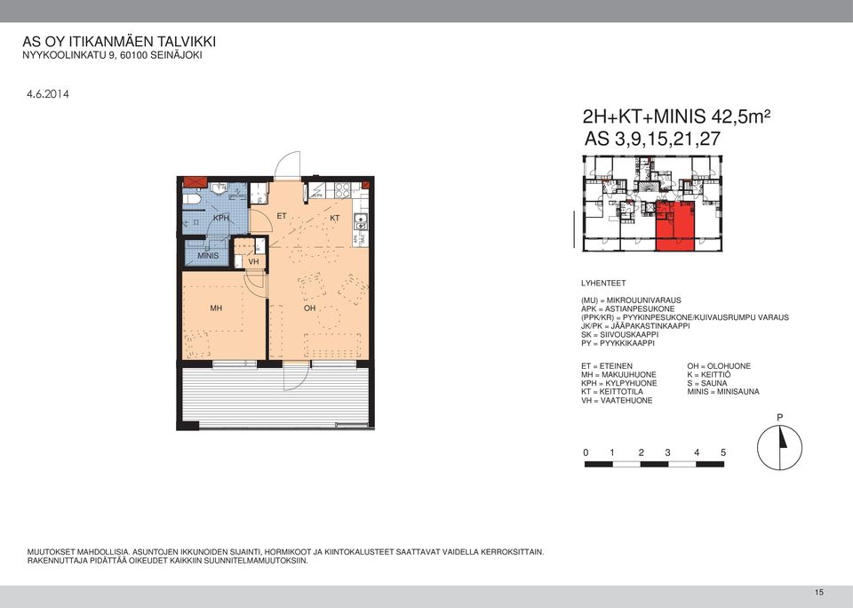 2014 2H+KT+MINIS 42,5m² AS 3,9,15,21,27 (PPK/KR) PY JK/PK KPH ET KT APK (MU) MINIS SK VH MH OH LYHENTEET (MU) = MIKROUUNIVARAUS APK = ASTIANPESUKONE (PPK/KR) =