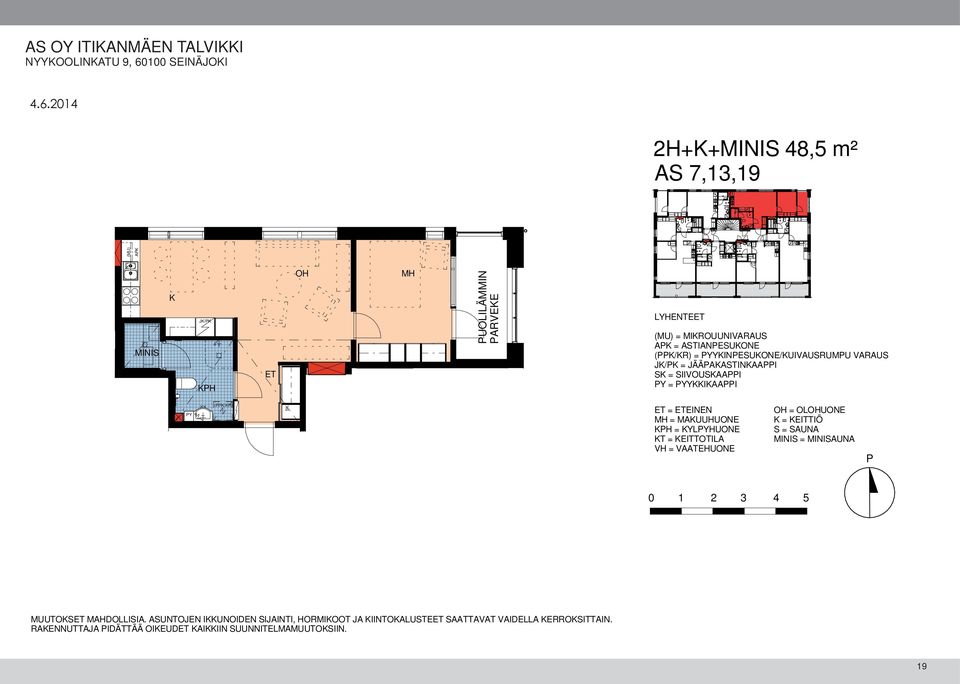 = MAKUUHUONE KPH = KYLPYHUONE KT = KEITTOTILA VH = VAATEHUONE OH = OLOHUONE K = KEITTIÖ S = SAUNA MINIS = MINISAUNA P 0 1 2 3 4 5 MUUTOKSET MAHDOLLISIA.