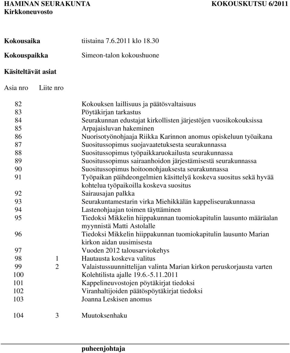 vuosikokouksissa 85 Arpajaisluvan hakeminen 86 Nuorisotyönohjaaja Riikka Karinnon anomus opiskeluun työaikana 87 Suositussopimus suojavaatetuksesta seurakunnassa 88 Suositussopimus