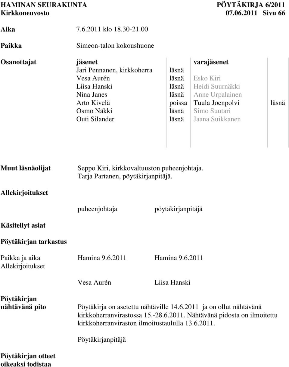 Kivelä poissa Tuula Joenpolvi läsnä Osmo Näkki läsnä Simo Suutari Outi Silander läsnä Jaana Suikkanen Muut läsnäolijat Seppo Kiri, kirkkovaltuuston puheenjohtaja. Tarja Partanen, pöytäkirjanpitäjä.