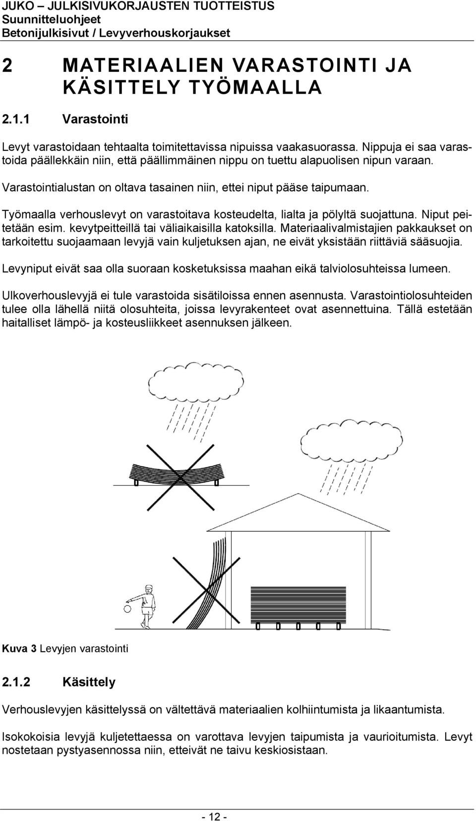 Työmaalla verhouslevyt on varastoitava kosteudelta, lialta ja pölyltä suojattuna. Niput peitetään esim. kevytpeitteillä tai väliaikaisilla katoksilla.