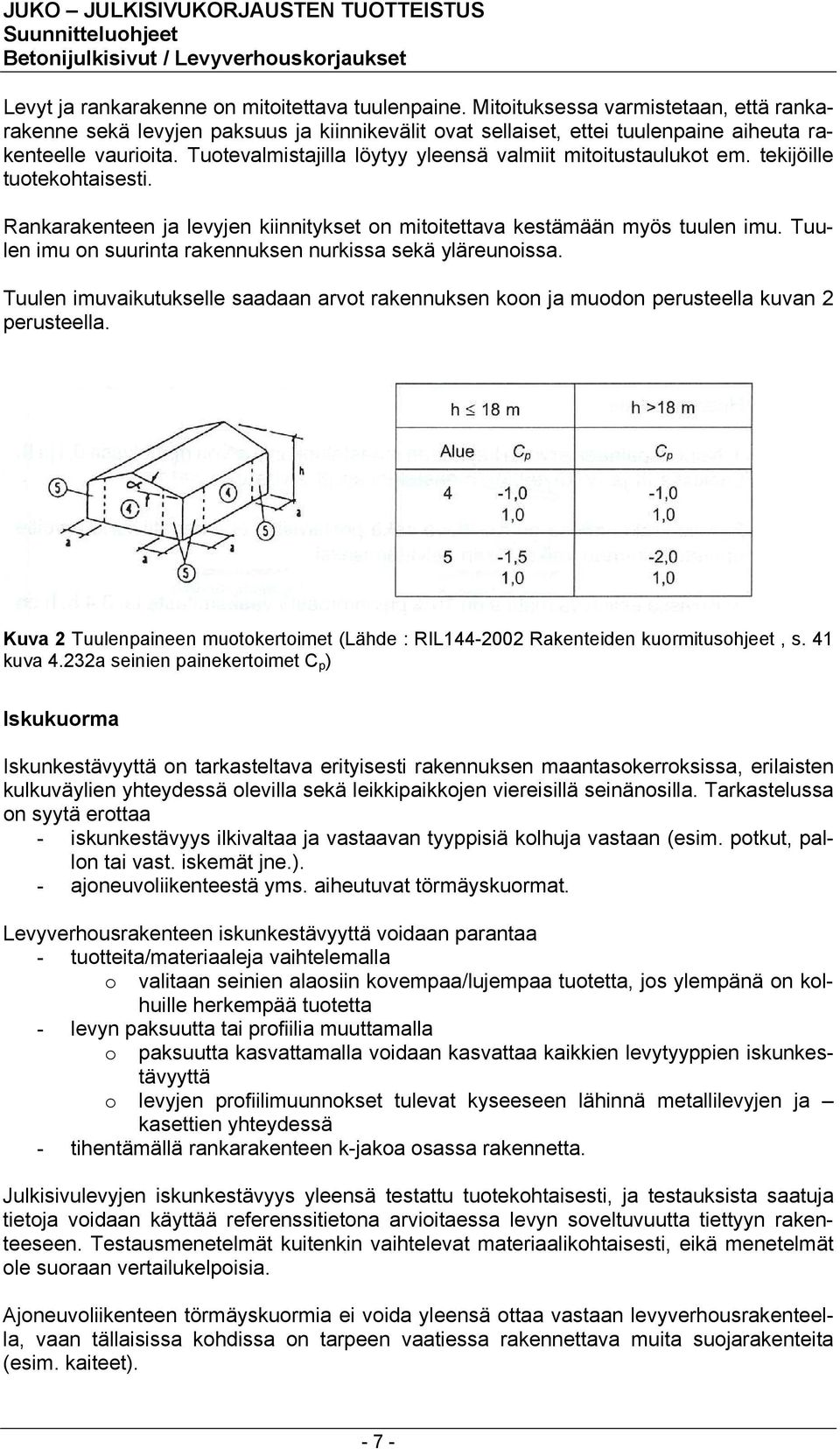 Tuulen imu on suurinta rakennuksen nurkissa sekä yläreunoissa. Tuulen imuvaikutukselle saadaan arvot rakennuksen koon ja muodon perusteella kuvan 2 perusteella.