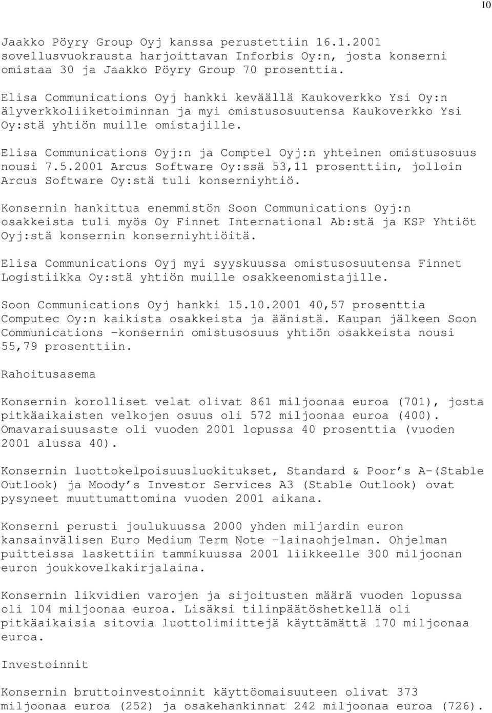 Elisa Communications Oyj:n ja Comptel Oyj:n yhteinen omistusosuus nousi 7.5.2001 Arcus Software Oy:ssä 53,11 prosenttiin, jolloin Arcus Software Oy:stä tuli konserniyhtiö.