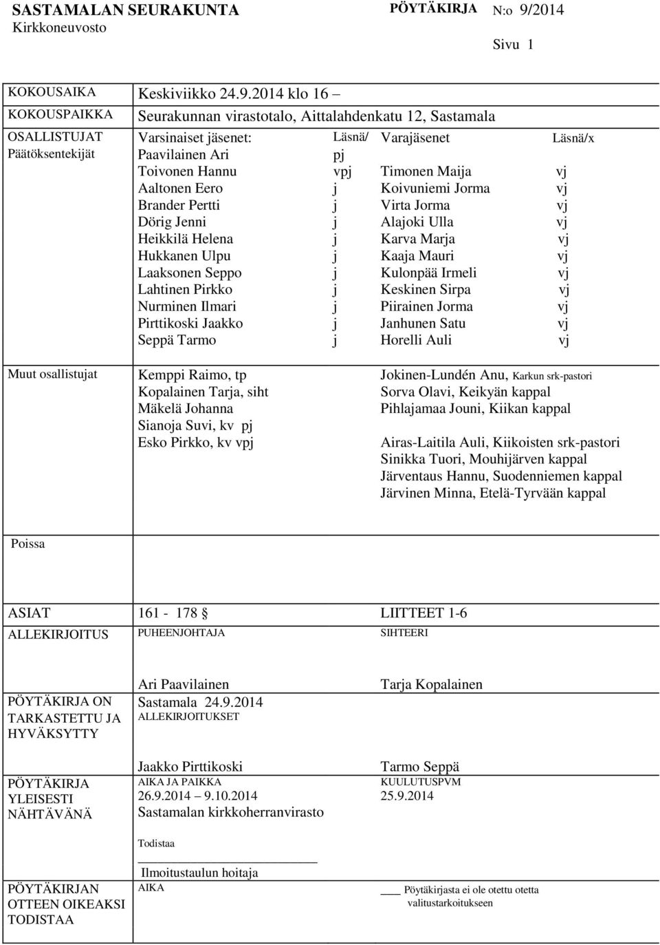 2014 klo 16 KOKOUSPAIKKA Seurakunnan virastotalo, Aittalahdenkatu 12, Sastamala OSALLISTUJAT Varsinaiset jäsenet: Läsnä/ Varajäsenet Läsnä/x Päätöksentekijät Paavilainen Ari pj Toivonen Hannu vpj