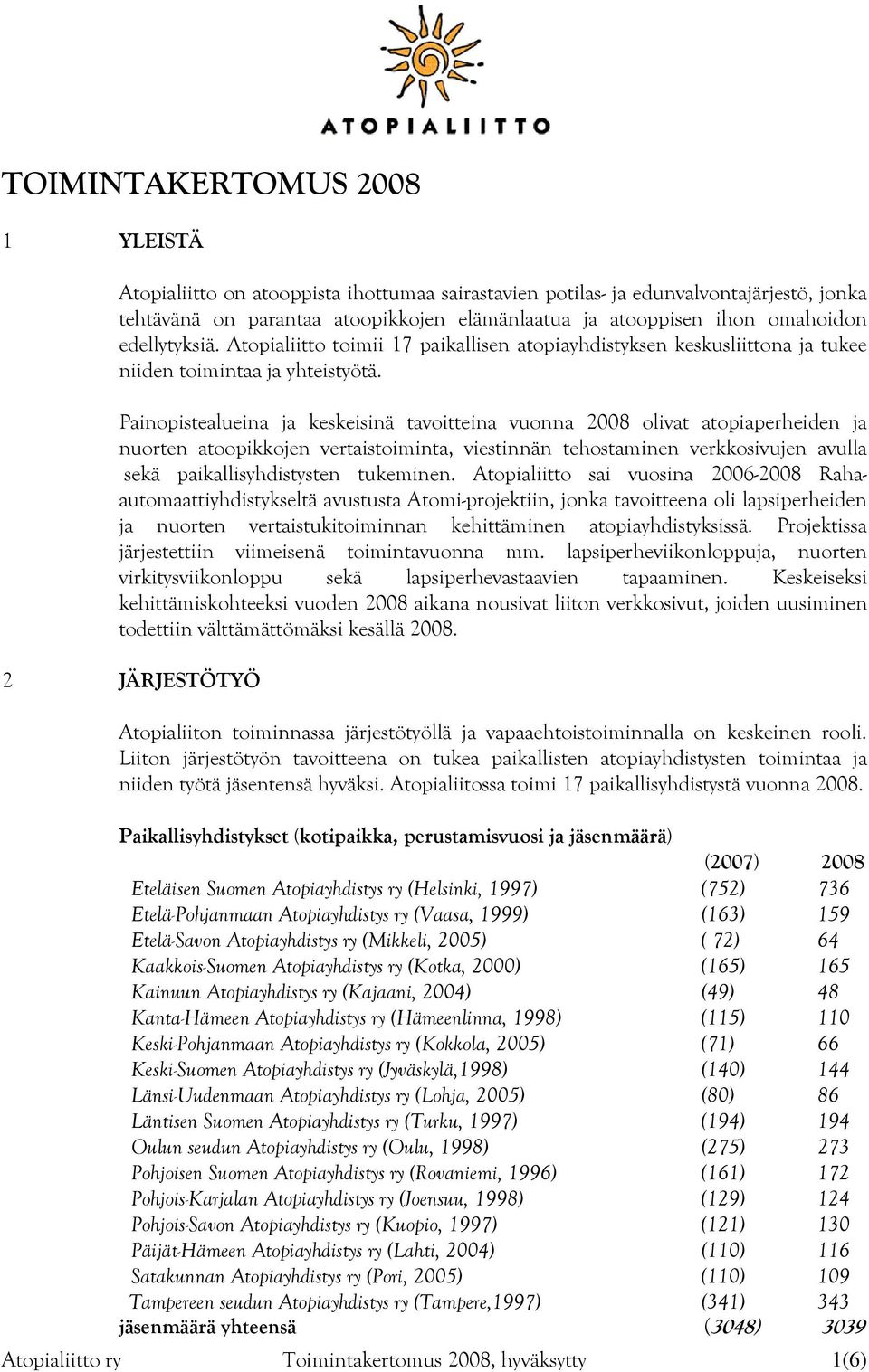 Painopistealueina ja keskeisinä tavoitteina vuonna 2008 olivat atopiaperheiden ja nuorten atoopikkojen vertaistoiminta, viestinnän tehostaminen verkkosivujen avulla sekä paikallisyhdistysten