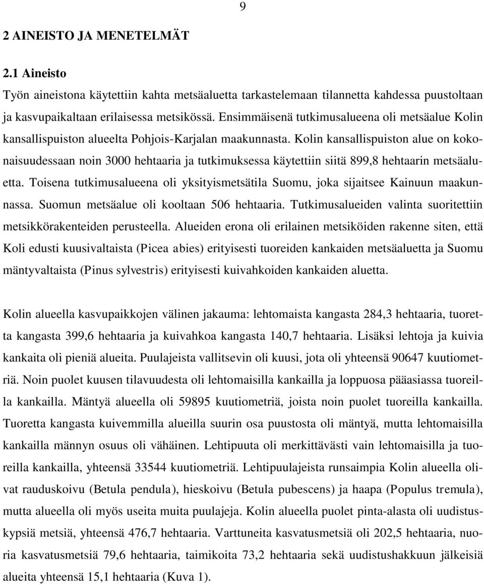 Kolin kansallispuiston alue on kokonaisuudessaan noin 3000 hehtaaria ja tutkimuksessa käytettiin siitä 899,8 hehtaarin metsäaluetta.