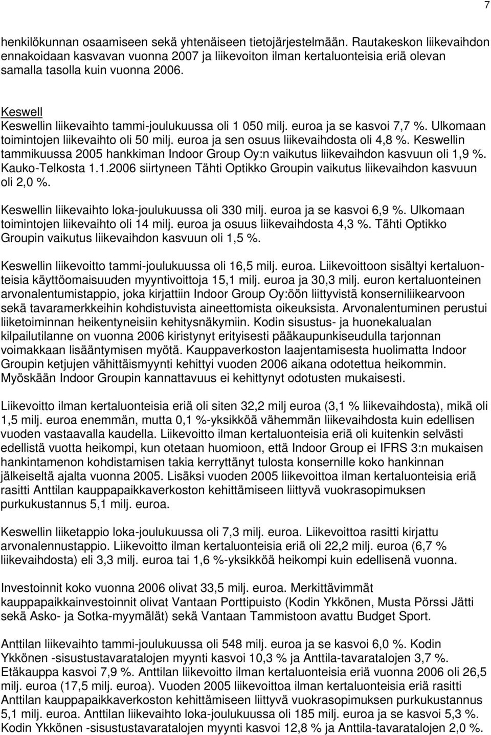 Keswellin tammikuussa 2005 hankkiman Indoor Group Oy:n vaikutus liikevaihdon kasvuun oli 1,9 %. Kauko-Telkosta 1.1. siirtyneen Tähti Optikko Groupin vaikutus liikevaihdon kasvuun oli 2,0 %.