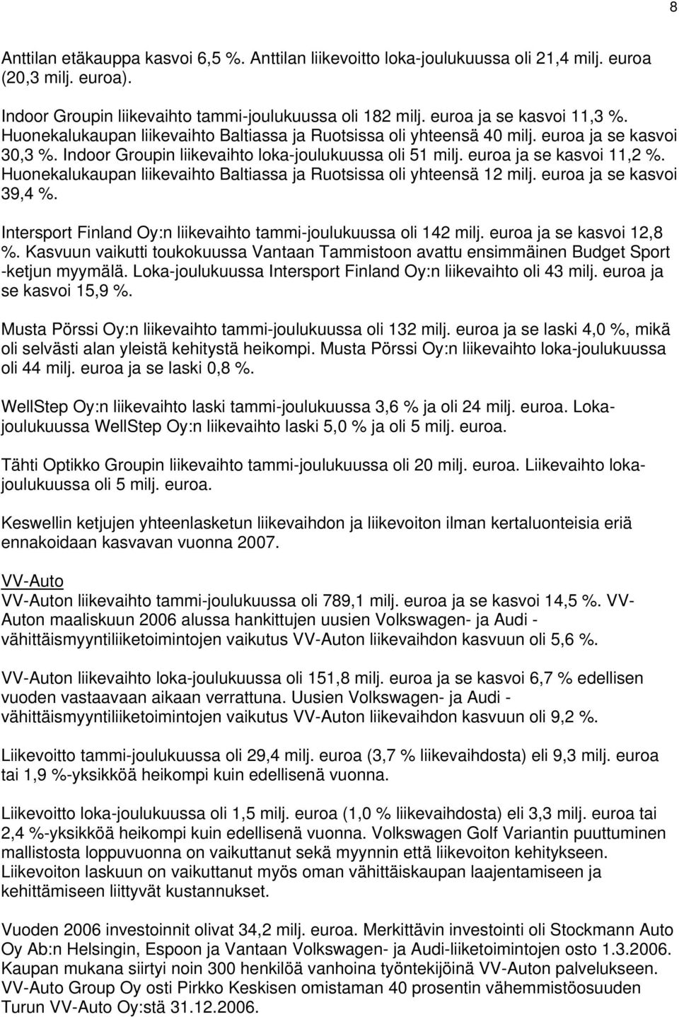 Huonekalukaupan liikevaihto Baltiassa ja Ruotsissa oli yhteensä 12 milj. euroa ja se kasvoi 39,4 %. Intersport Finland Oy:n liikevaihto tammi-joulukuussa oli 142 milj. euroa ja se kasvoi 12,8 %.