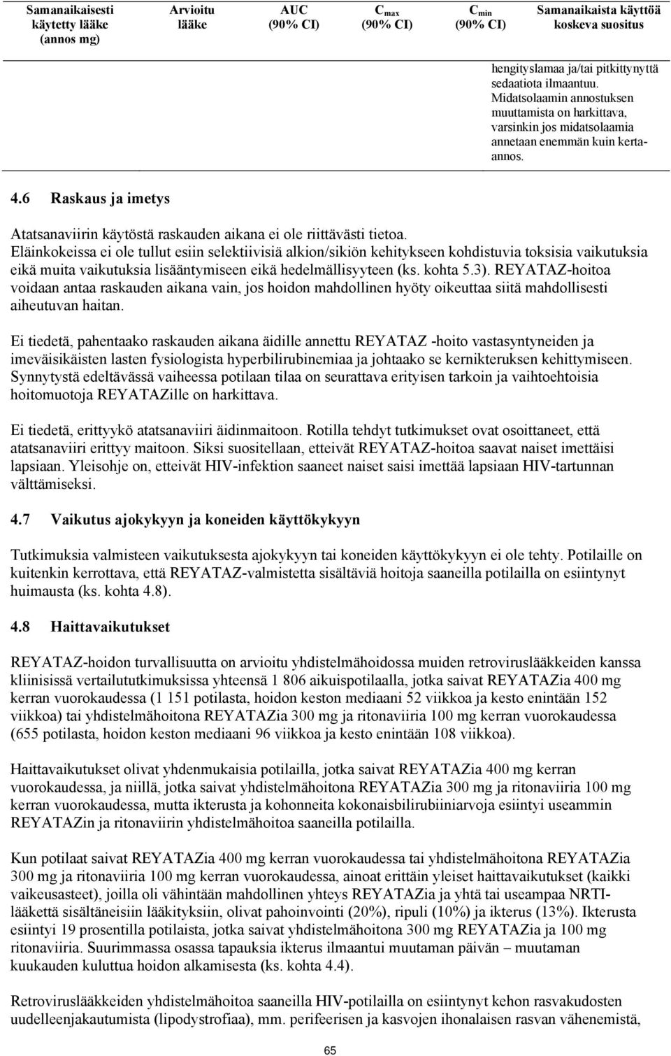 6 Raskaus ja imetys Atatsanaviirin käytöstä raskauden aikana ei ole riittävästi tietoa.