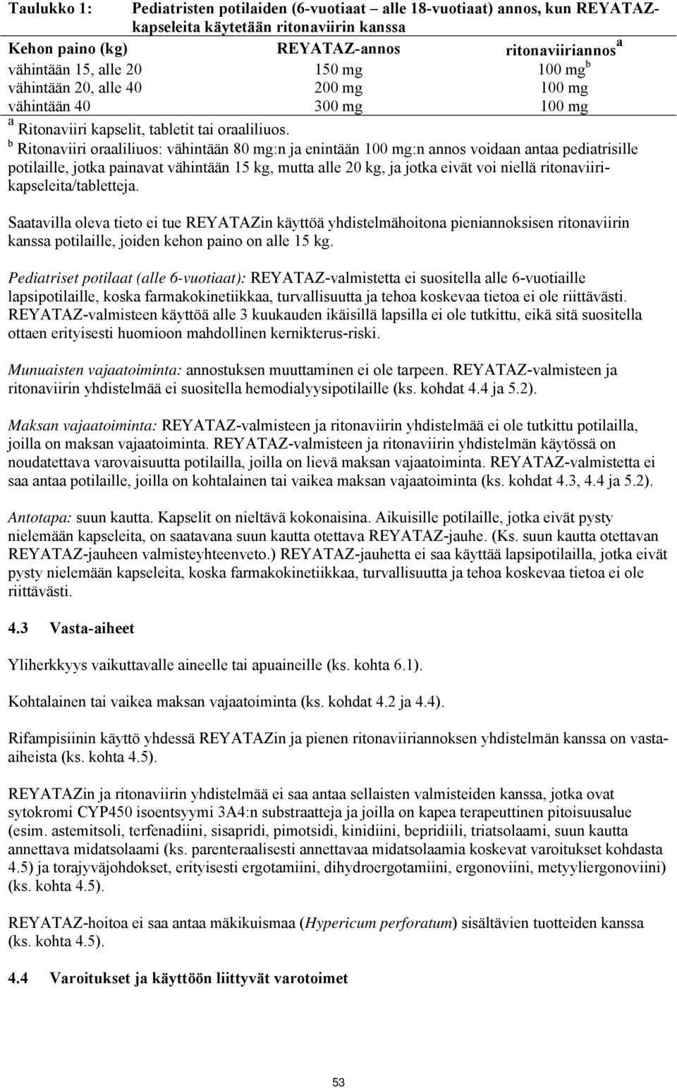b Ritonaviiri oraaliliuos: vähintään 80 mg:n ja enintään 100 mg:n annos voidaan antaa pediatrisille potilaille, jotka painavat vähintään 15 kg, mutta alle 20 kg, ja jotka eivät voi niellä