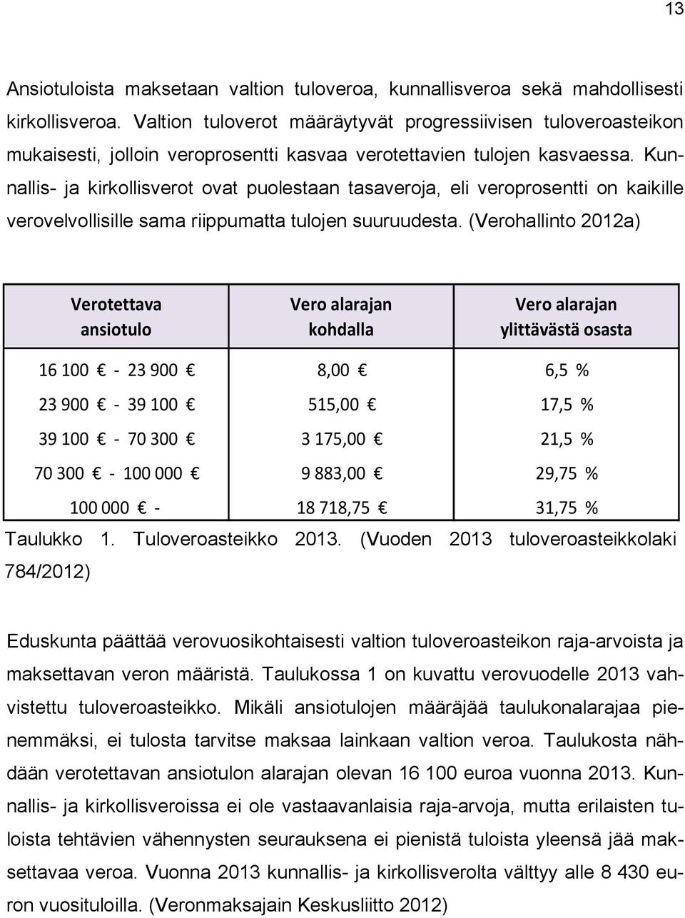 Kunnallis- ja kirkollisverot ovat puolestaan tasaveroja, eli veroprosentti on kaikille verovelvollisille sama riippumatta tulojen suuruudesta.