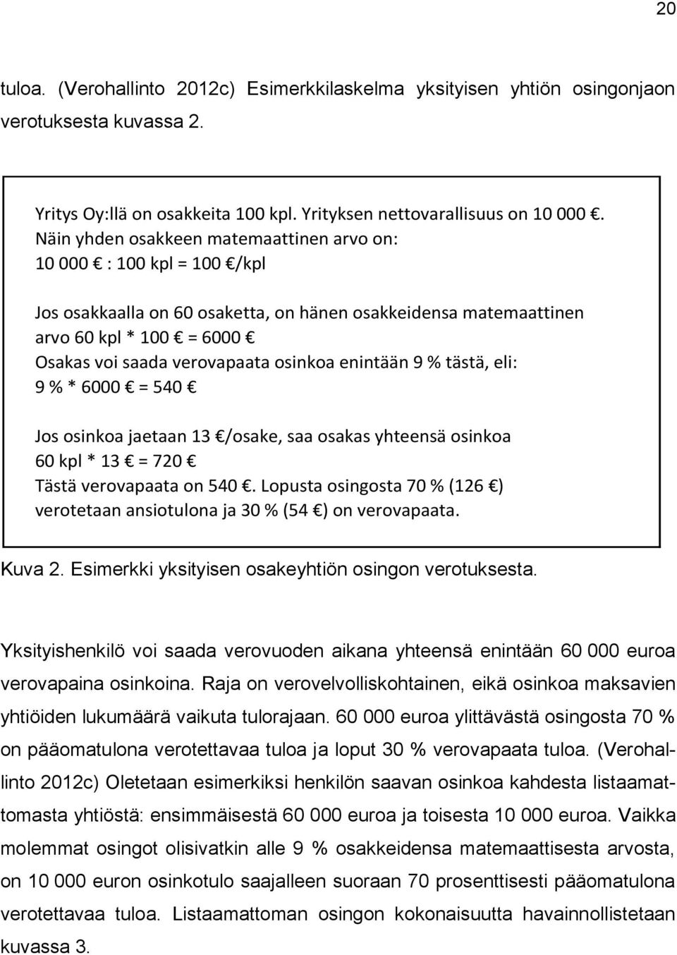 enintään 9 % tästä, eli: 9 % * 6000 = 540 Jos osinkoa jaetaan 13 /osake, saa osakas yhteensä osinkoa 60 kpl * 13 = 720 Tästä verovapaata on 540.