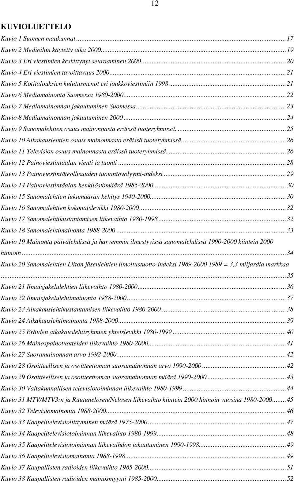 ..23 Kuvio 8 Mediamainonnan jakautuminen 2000...24 Kuvio 9 Sanomalehtien osuus mainonnasta eräissä tuoteryhmissä....25 Kuvio 10 Aikakauslehtien osuus mainonnasta eräissä tuoteryhmissä.