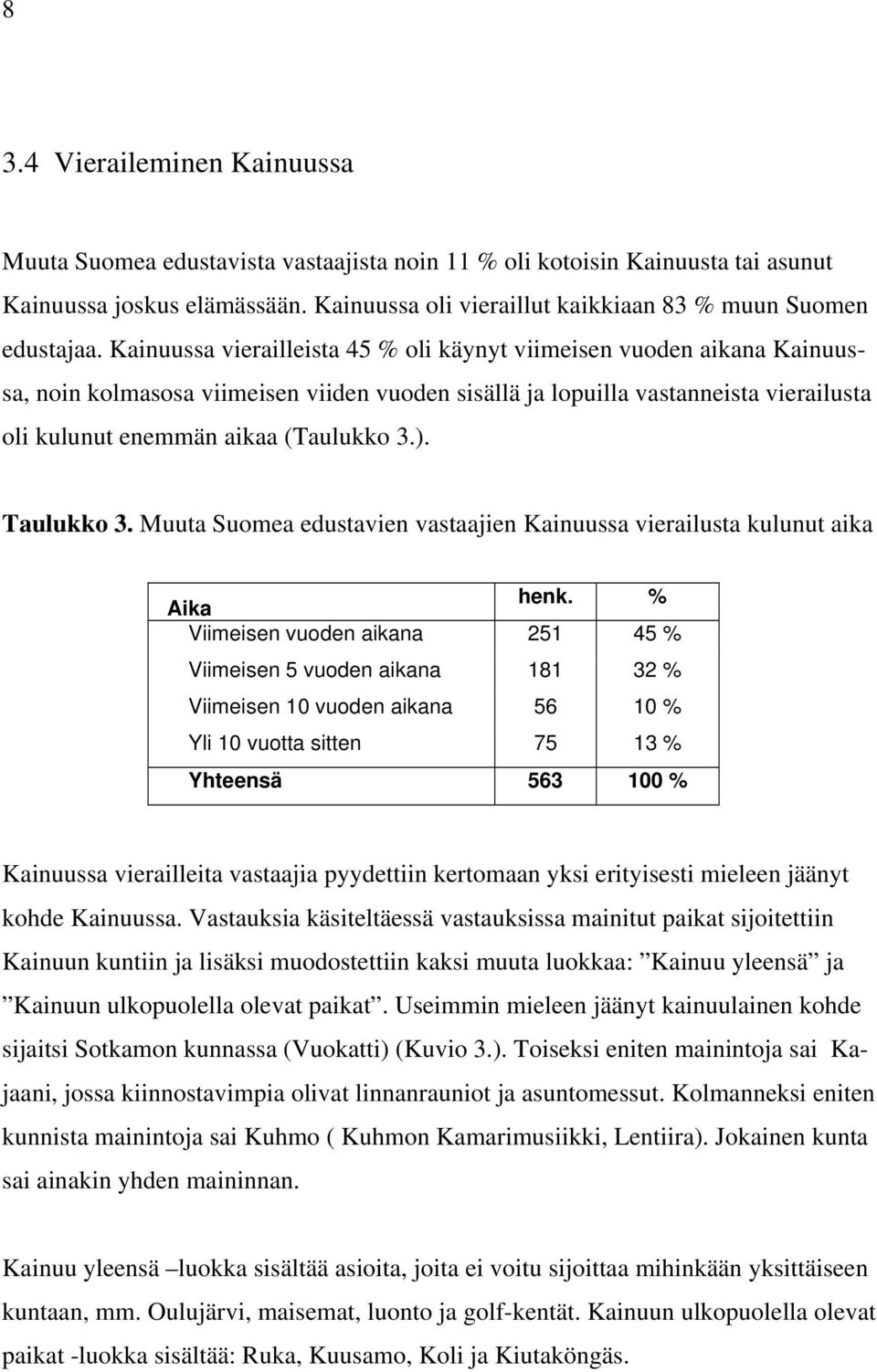 Kainuussa vierailleista 45 % oli käynyt viimeisen vuoden aikana Kainuussa, noin kolmasosa viimeisen viiden vuoden sisällä ja lopuilla vastanneista vierailusta oli kulunut enemmän aikaa (Taulukko 3.).