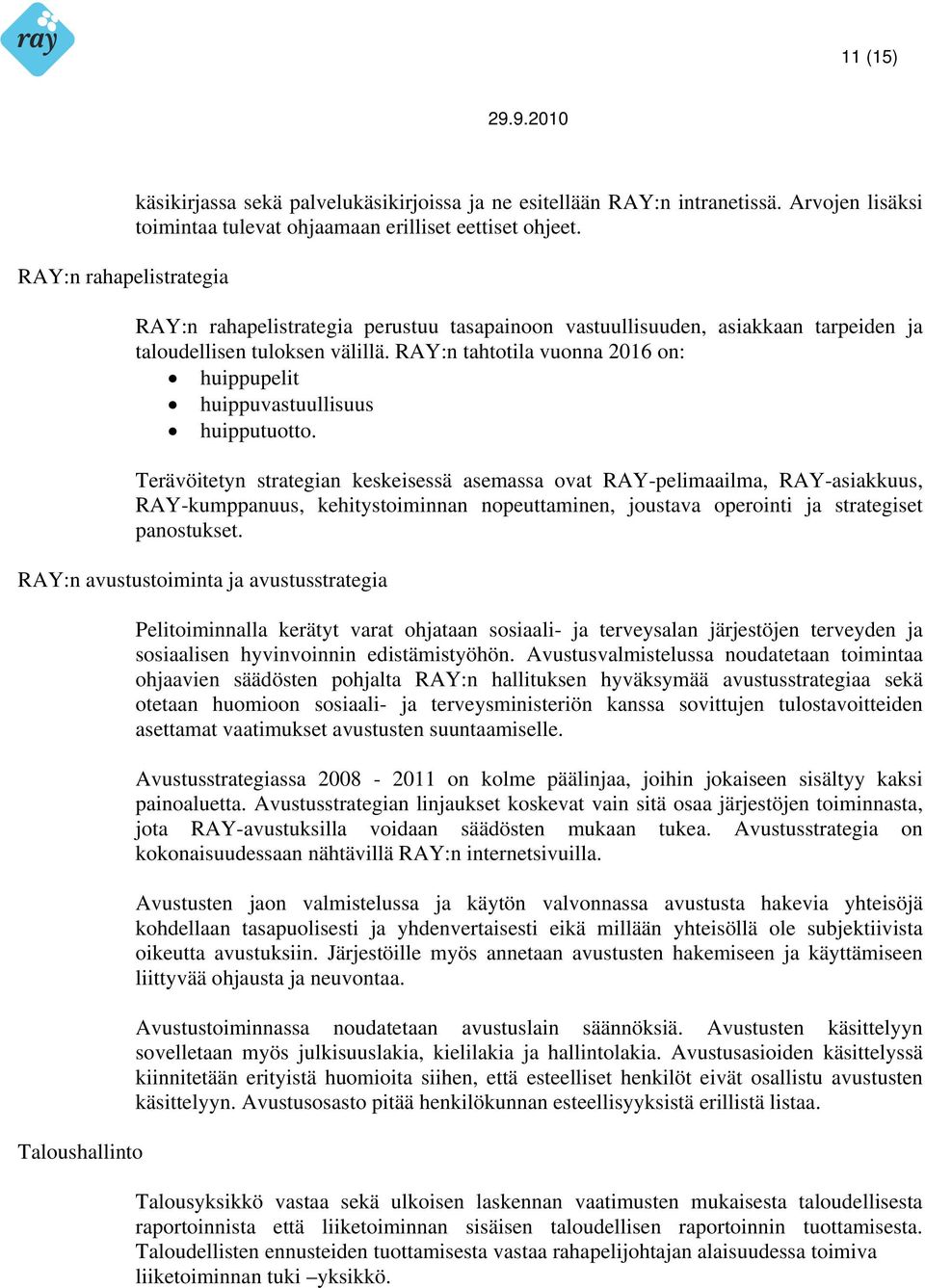 Terävöitetyn strategian keskeisessä asemassa ovat RAY-pelimaailma, RAY-asiakkuus, RAY-kumppanuus, kehitystoiminnan nopeuttaminen, joustava operointi ja strategiset panostukset.