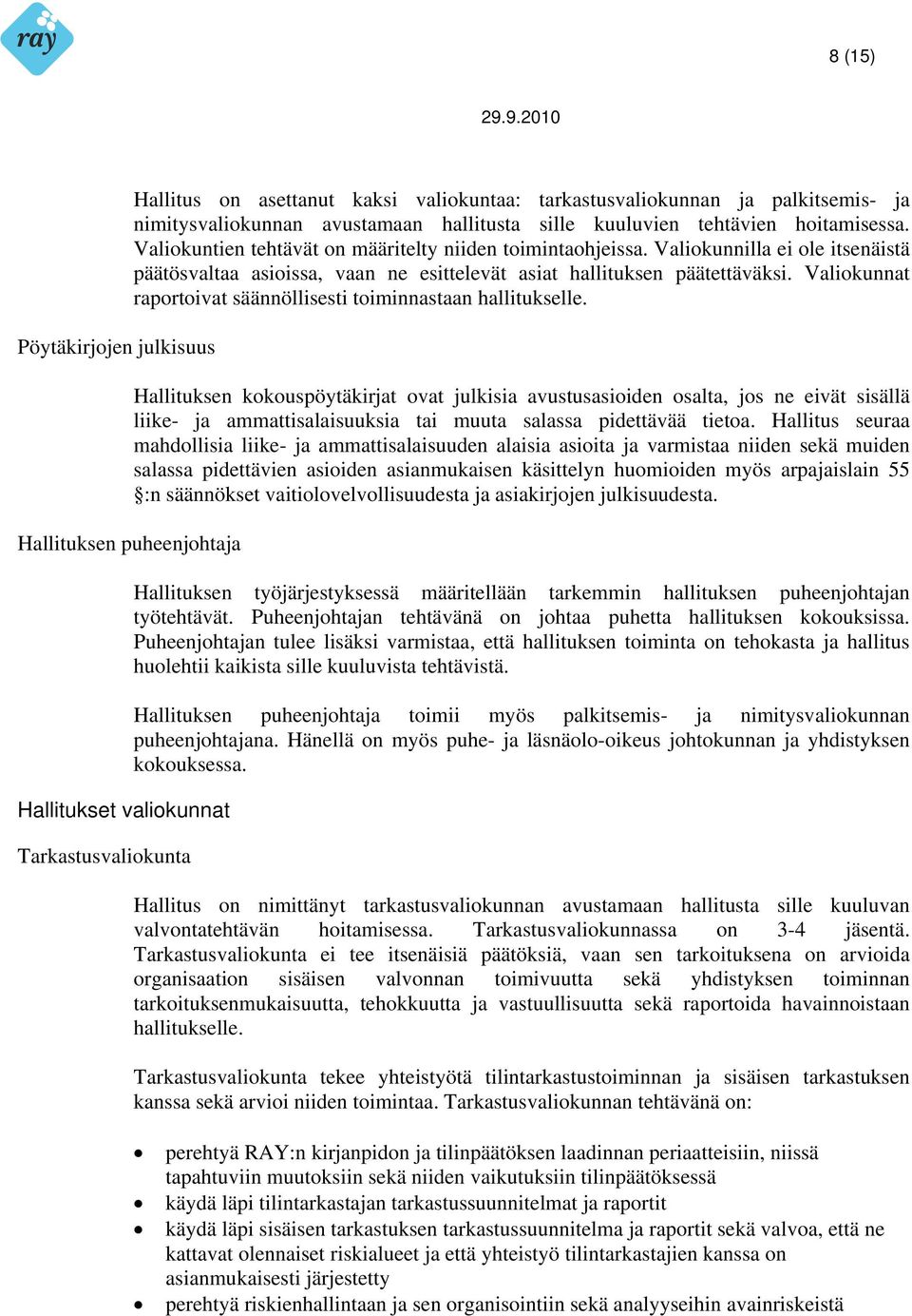 Valiokunnilla ei ole itsenäistä päätösvaltaa asioissa, vaan ne esittelevät asiat hallituksen päätettäväksi. Valiokunnat raportoivat säännöllisesti toiminnastaan hallitukselle.