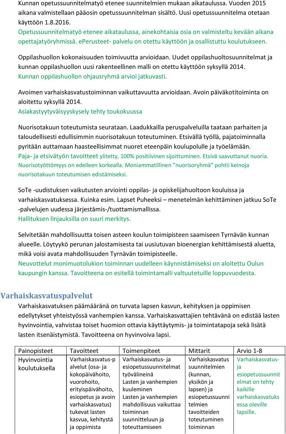 Oppilashuollon kokonaisuuden toimivuutta arvioidaan. Uudet oppilashuoltosuunnitelmat ja kunnan oppilashuollon uusi rakenteellinen malli on otettu käyttöön syksyllä 2014.