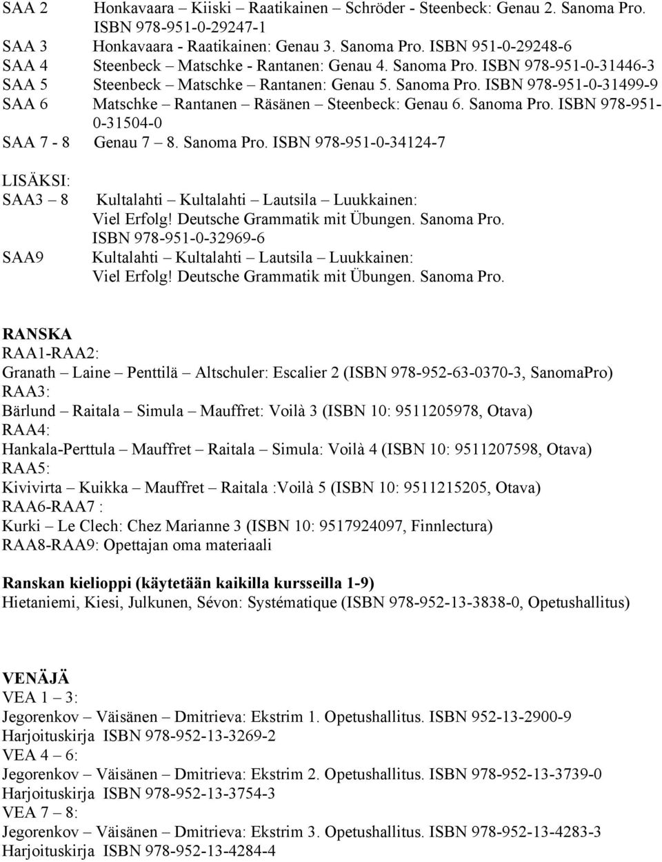 Sanoma Pro. ISBN 978-951-0-34124-7 LISÄKSI: SAA3 8 SAA9 Kultalahti Kultalahti Lautsila Luukkainen: Viel Erfolg! Deutsche Grammatik mit Übungen. Sanoma Pro.