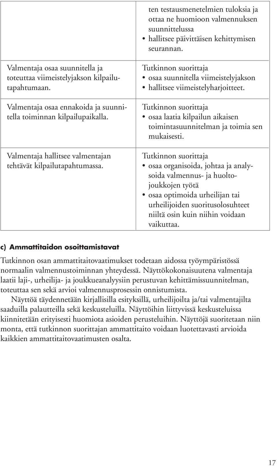 Valmentaja hallitsee valmentajan tehtävät kilpailutapahtumassa. osaa suunnitella viimeistelyjakson hallitsee viimeistelyharjoitteet.